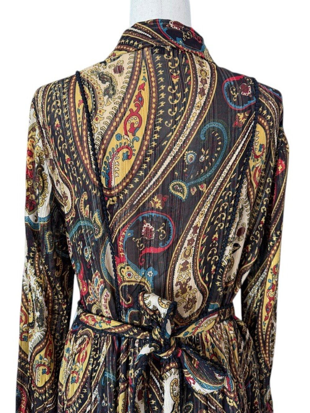 Paisley Print Maxi Dress Black Gold Teal Tiered Long Sleeve Collared Boho Belt - Picture 7 of 7